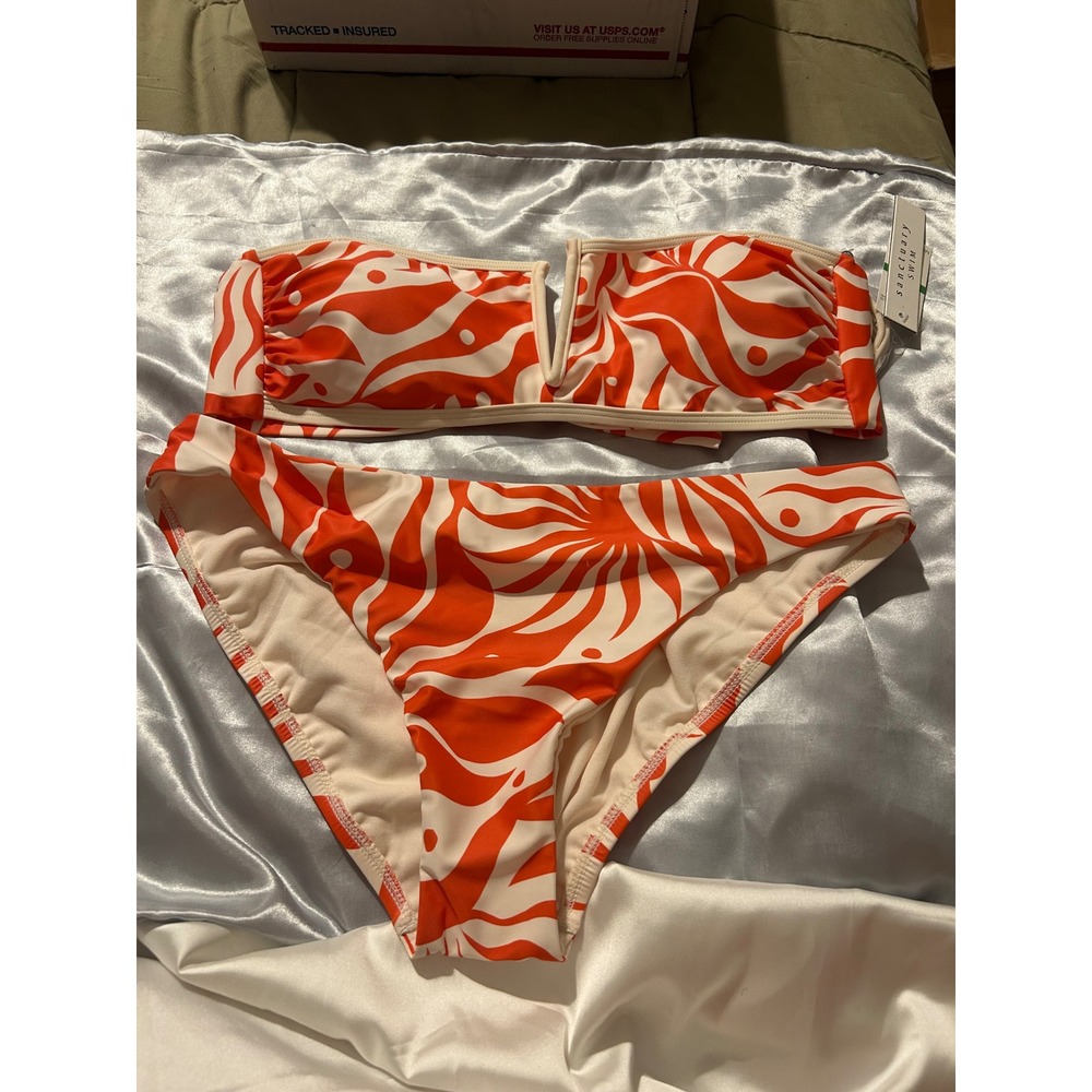 Sanctuary Swim Orange Psychedelic Swirl Bandeau Bikini Set V-Wire Large NWT